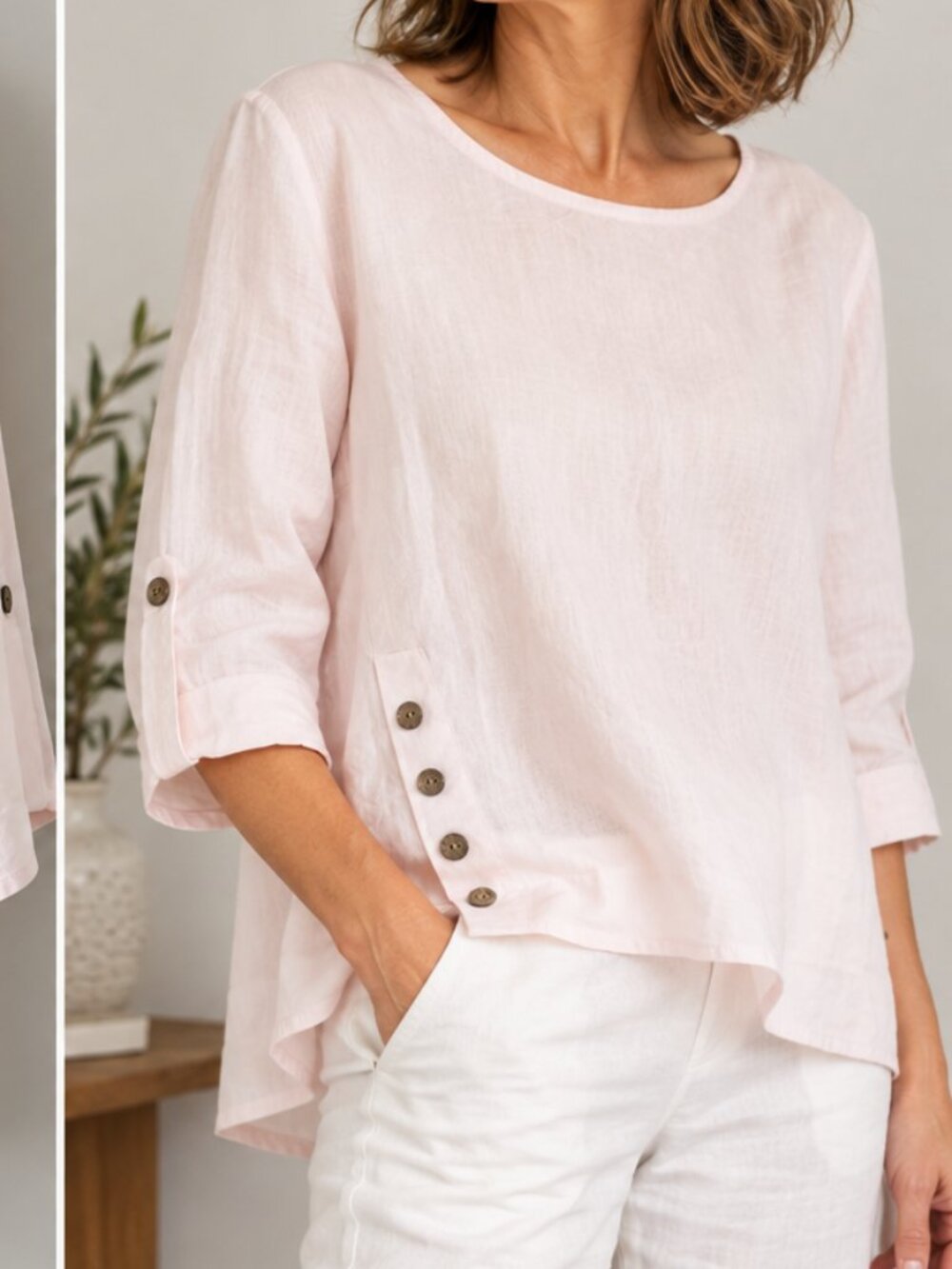 Pale Pink 100% Linen High Low Tunic Top Button Detail PTP24